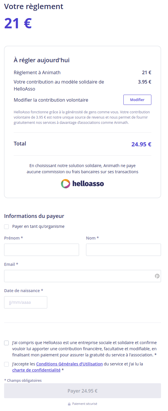 Formulaire de paiement Hello Asso