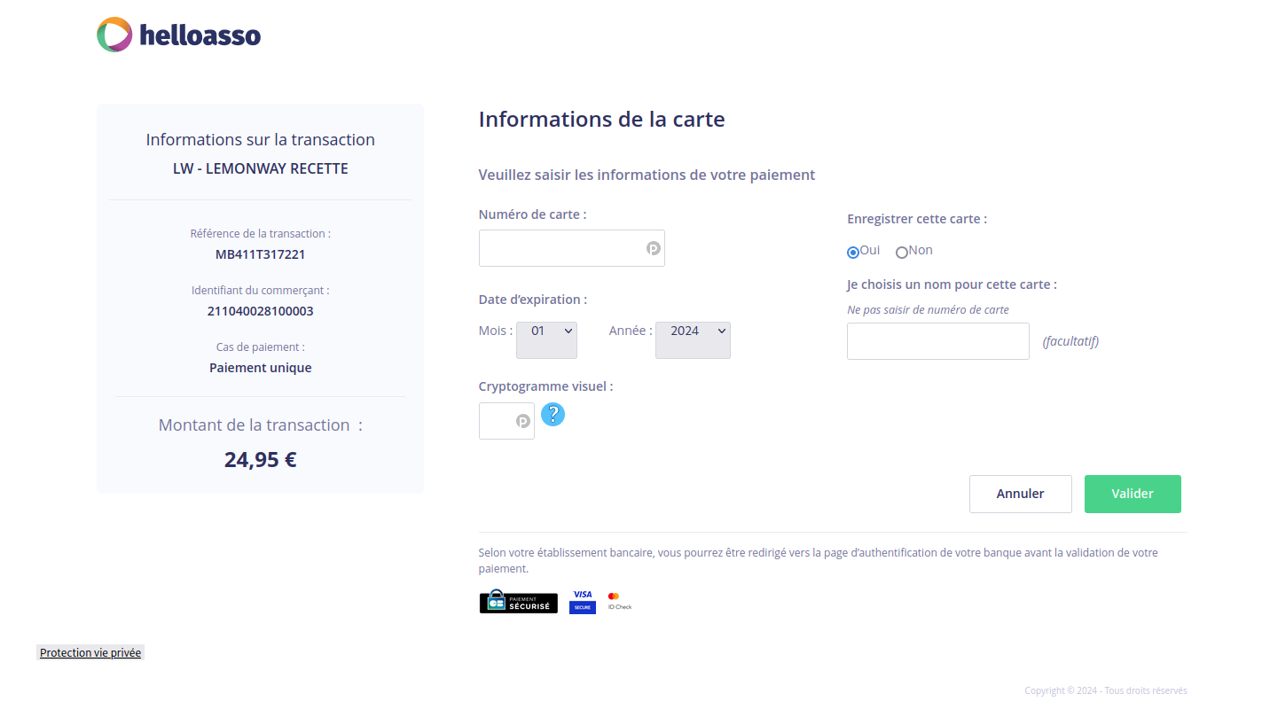 Formulaire de paiement Hello Asso - coordonnées bancaires